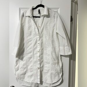 Turquoise Couture White Eyelet Cover-Up Shirt Bikini Village Size L